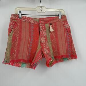 Z&L Womens Shorts Size L Coral Boho Fringe Striped Pockets High Rise‎ Geometric